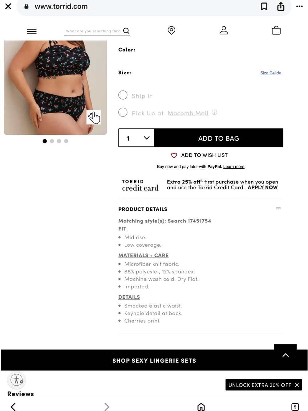 Torrid Curve Cherry Print Bralette & Hipster Panty Set – Size 3 – NWT - Picture 15 of 16